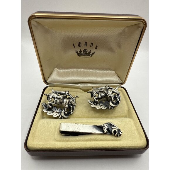 Vintage Swank Silver Tone Unicorn Cufflinks & Tie Clip - Picture 1 of 7